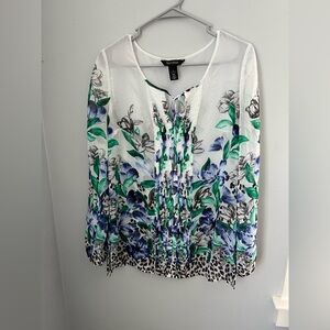 White House Black Market‎ Green and Blue Pleated Long Sleeve Blouse